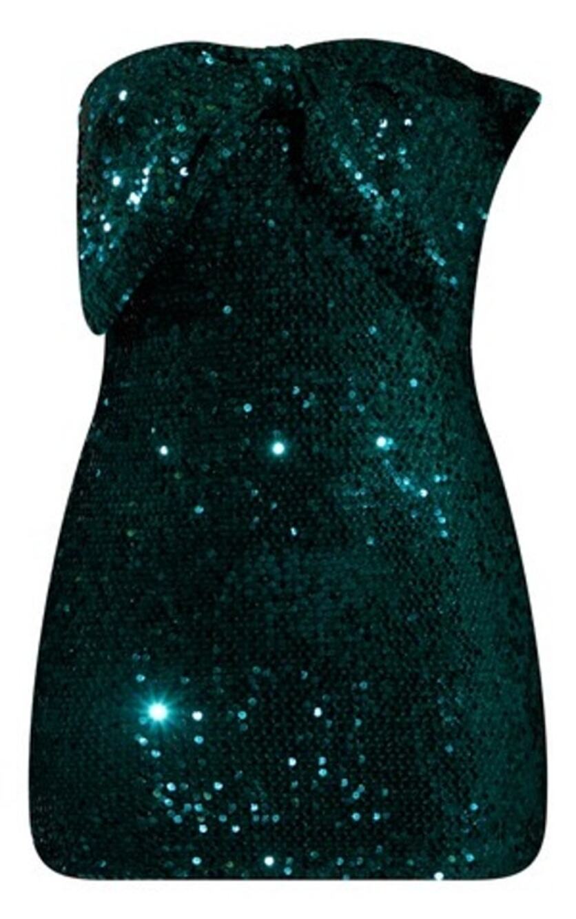 PrettyLittleThing Emerald Green Sequin Bow Bandeau Bodycon Dress 6